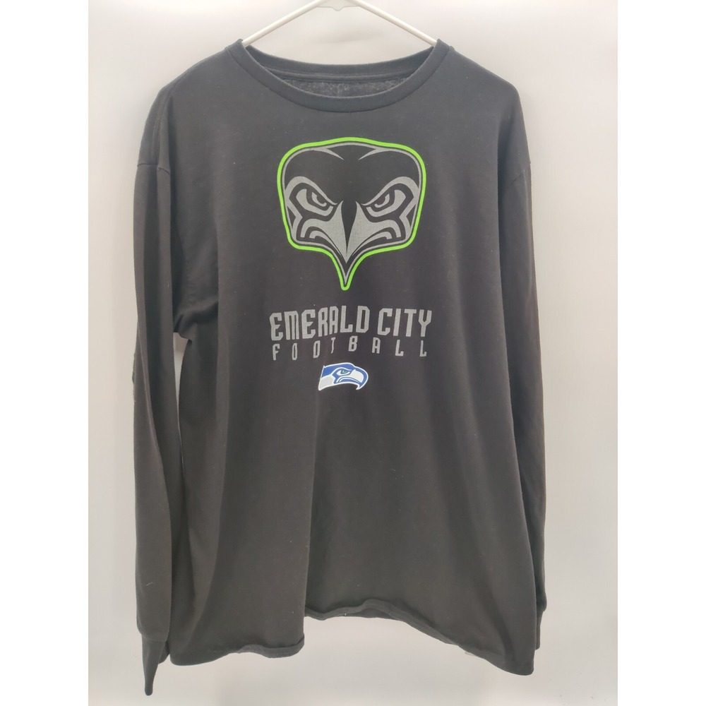Majestic Seattle Seahawks Emerald City Football Long Sleeve Shirt Black Mens XL